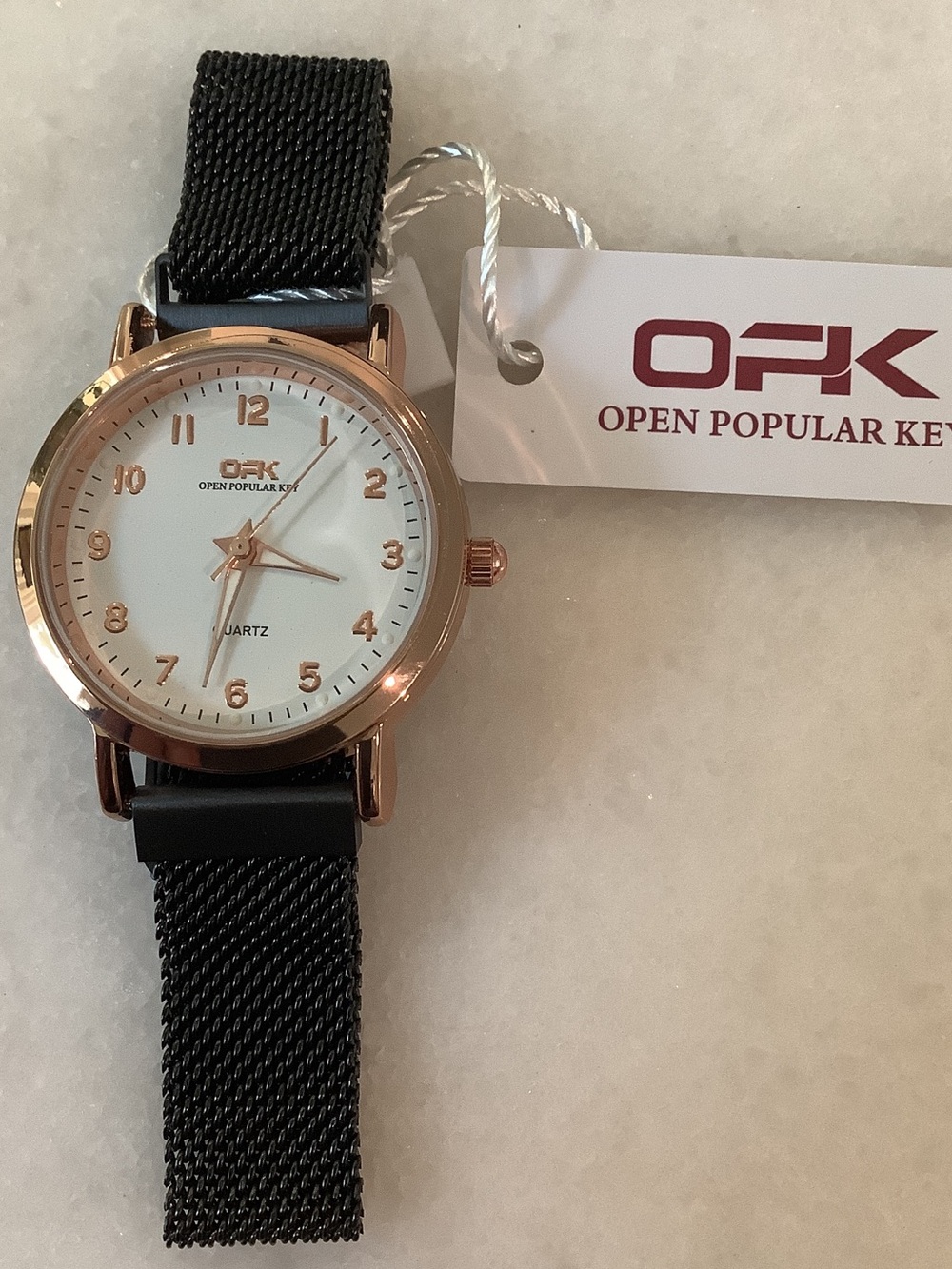 OPK Women’s Black Mesh Strap Rose Gold Case Quartz Watch, Brand New